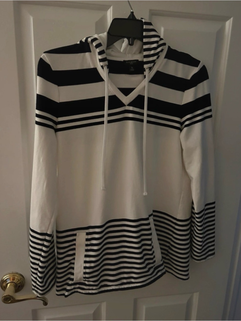 Talbots Black and White Striped Hooded Crew-Scoop Sweater